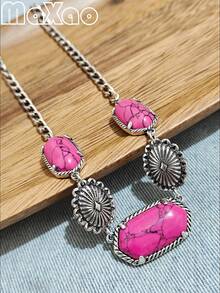 复古西南风格绿松石 + 牛仔链项链，适合女士佩戴，全绿松石珠，设计独特，不褪色，适合女性休闲佩戴