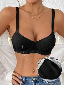 1 件女士花卉和向日葵印花文胸，全罩杯，配有柔软钢圈支撑，可调节肩带，不可拆卸轻垫 - 黑色 - 查看 8