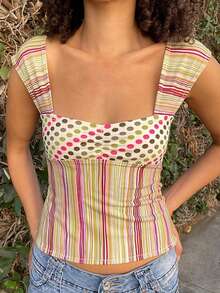 Women's Y2K Slim Fit Tank Tops Cute Plaid Sleeveless Crop Tops Striped Cami Tops Cute Square Neck Vest Summer Shirts Aesthetic Tops For Streetwear Going Out Tops - 彩色 - 查看 2