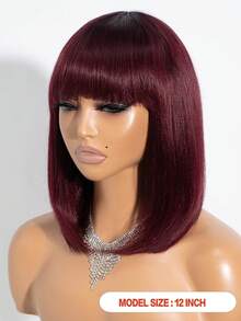 Ombre Wine Red Straight Bobbed Wig, Breathable Bangs, Full Hand-Woven No Lace Real Human Hair, Suitable For All Women, Wine Red Ends With Black Roots - S1/99J - View 2