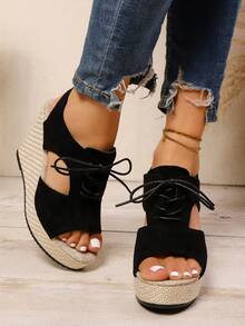 Plus Size Women's Platform Sandals, New Casual Open Toe Thick Bottom Espadrille Backless Shoes, Fashion Versatile Comfortable Elegant Lace-Up Vacation Sandals, Stylish & Sexy Lace-Up