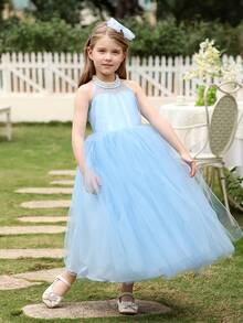 Little Girl Sweet Princess Net Tutu Dress, Flower Girl Essential - Blue - View 5