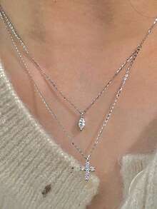 Nooxian 1pc Women's Double Layer Cubic Zirconia Water Drop Cross Pendant Necklace - Silver - View 2