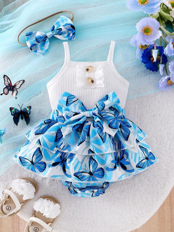 Baby Girl 2pcs Princess Vacation Style Set: Butterfly Printed Multi-Layer Ruffled Cake Skirt, Contrasting Color Big Bow Decor Waist Romper, With Bowknot Headband