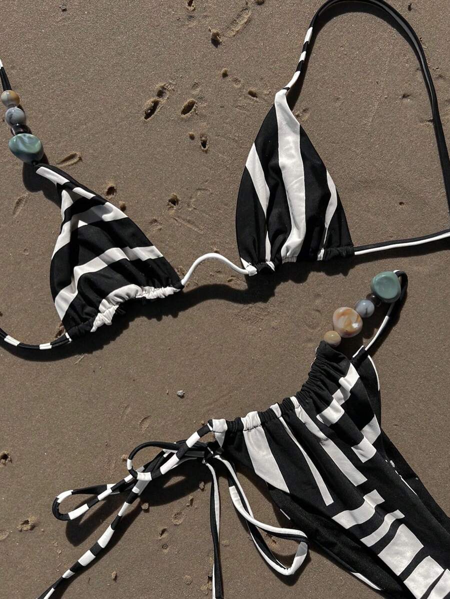 New Elegant Sexy Women's Striped Casual Halter Bikini Set, Suitable For Beach, Holiday, Party, Date In Spring/Summer - Multicolor - View 1