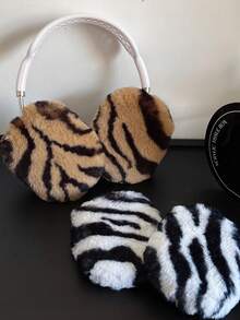 Zebra Pattern Earmuff Headphone Protector Cover - Soft Black/White & Brown Fur Covered - Fits For (Wild Style) - Black Brown - View 3