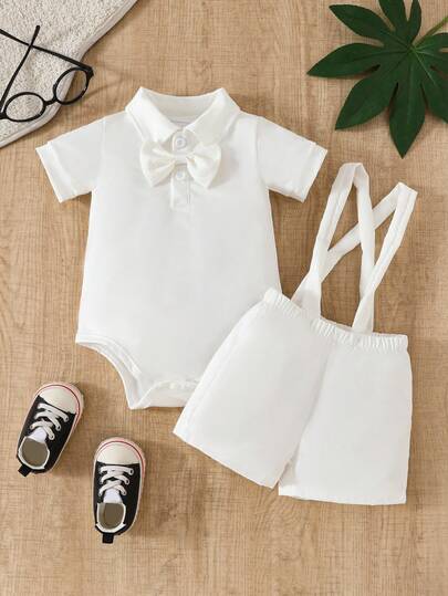 男婴纯色吊带裤蝴蝶纽扣绅士装连体衣套装