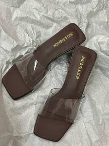 2025 新款优质纯色经典粗跟透明女士凉鞋，夏季户外穿着 - 咖啡棕 - 查看 5