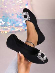 Pointed Toe Slip-On Flats For Women, Spring 2025 New Arrivals, Square Buckle Crystal Decor, Suitable To Wear With Dress, Soft Bottom Work Shoes, Elegant And Comfortable - Simple and Elegant Black - View 6