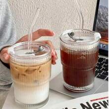 1pc,Coffee Cup, Ins Style Vertical Striped Glass Straw Cup, Highly Attractive Milk Cup, Household Beverage Water Cup, Beer Cup, Whiskey Glass