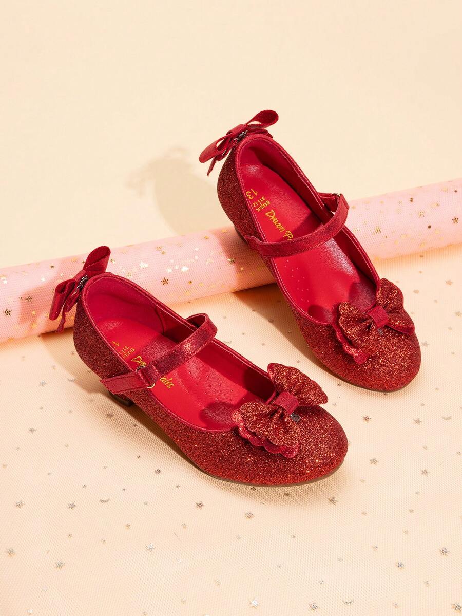 Girls Dress Shoes Toddler Little Girls Heels Mary Jane Princess Shoes With Interchangeable Bow For Flower Girl Wedding Party - 紅色 - 查看 1
