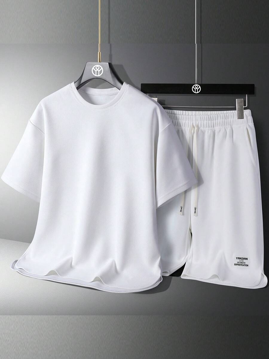 2pcs Men's Solid Color Round Neck Short Sleeve Casual T-Shirt And Letter Printed Drawstring Waist Shorts Set, Summer, Cozy Outfits - White - View 1