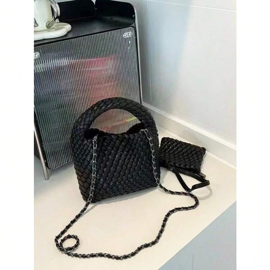 Rare Design Genuine Leather Woven Handbag Women's High-Grade Silver Four-Color Options Chain Bag Mini Crossbody Bucket Bag - Classic Black + Woven Inner Bag + Long Chain - View 1
