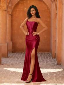 MOEVIO Women's Formal Sexy Off Shoulder Asymmetrical Satin Ruched Pleated Backless Split Thigh Bodycon Luxury Evening Prom Bridesmaid Dress For Dating Valentines Party Gown, Wedding Dresses Bride Birthday Back To School Homecoming Fall Outfits Spring - Burgundy - View 4