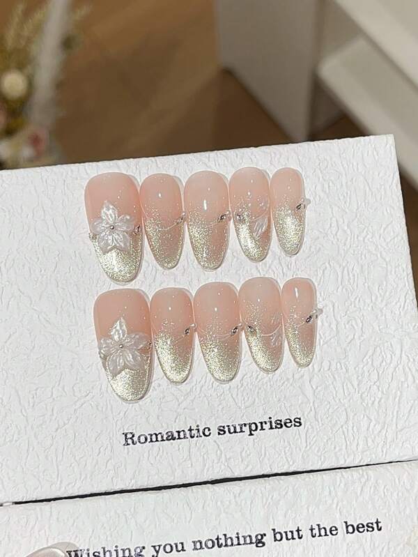 10pcs Oval French Shiny Cat Eye & 3D Flower Rhinestone Nail Tips, Elegant Design Suitable For Daily Wear, Dating, Parties, Reusable Handmade Nail Covers With Mini File Stick