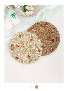 1pc Sweet Cute Little Strawberry Woven Beret Hat, Versatile Summer Beach Vacation Street Snap Cloud Painter Cap, Breathable Straw Beret For Women, Spring/Summer, Artistic Versatile Straw Hat - White - View 3