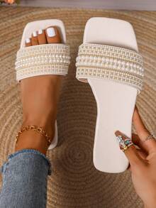 Women's Slide Sandals With Rhinestones, Casual Versatile Outdoor Plastic Flat Sandals - White - View 2