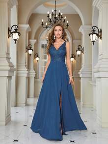 Vestido de noche elegante de encaje con cuello en V profundo, vestido formal para graduación, cena, vestido con espalda descubierta y rhinestones, vestido de fiesta - azul real - Ver 3