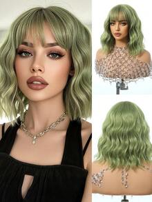 Grass Green Bob Wigs For Women Curly Wavy Wigs With Bangs Short Heat Resistant Synthetic Wigs For Party Costume Daily Wear Colorful Wigs - 草綠色 - 查看 2