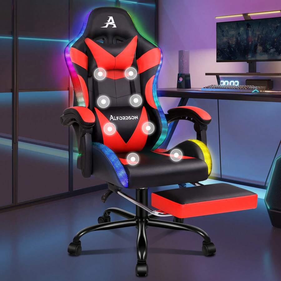 ALFORDSON Gaming Massage Chair, Massage Racing Chair With LED, Ergonomic Desk Chair With 150° Tilt, Retractable Footrest, PU Leather, Height Adjustable, 180 Kg Load Capacity - Red - View 1