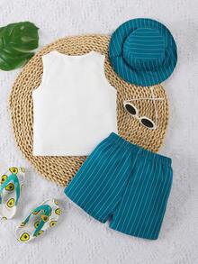 3 件套夏季新款休闲男婴字母印花背心、条纹短裤和帽子套装，适合海滩、度假、旅行 - 白色 - 查看 2