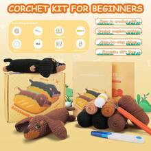 Crochet Kit For Beginners - 2 PCS Dachshund Crochet Kit With Step-By-Step Video Tutorials, Beginner Crochet Kit For Adults, Crochet Animal Kit For Kids, Dog Crocheting Set (Brown & Black) - Brown Black Dachshund Set - 查看 4