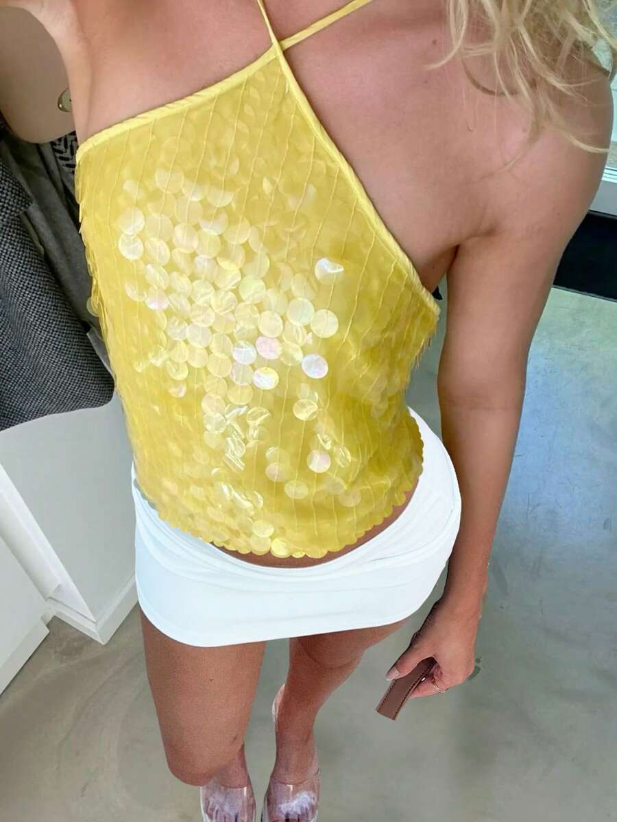 Women Summer Sleeveless Halter Neck Sequins Cami Crop Tops - 黃色 - 查看 1
