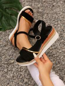 Women's 2025 Spring/Summer New Shoes, Mother's Day Thick Bottom Wedge Sandals, Waterproof Platform Woven Fashion Casual Beach Slippers, High Heeled Sandals - màu đen - Xem 2