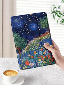 Flower 1 件梵高星空与花卉印花平板电脑保护壳，兼容 iPad 10.2 英寸、iPad Pro 11 2021/2020/10th Gen、iPad Mini 4/5/6、Galaxy Tab A8 10.5 英寸 2022、Matepad 10.4/Tab，带铅笔槽，支持自动睡眠/唤醒，礼物 - 彩色 - 查看 2