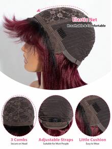 Ombre Wine Red Straight Bobbed Wig, Breathable Bangs, Full Hand-Woven No Lace Real Human Hair, Suitable For All Women, Wine Red Ends With Black Roots - S1/99J - View 7
