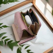 Fashion Argyle & Heart Pattern Trifold Multi-Slot Partition Multifunctional Compact Mini Wallet For Women Wallet Purse Wallet Small Wallet Cute Wallet - Dusty Pink - View 5