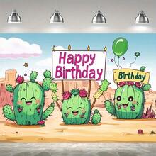 Fondo de fiesta del desierto de cactus para el festival mexicano - Banner de cumpleaños alegre y vibrante, tela de poliéster, sin necesidad de energía - Perfecto para celebraciones interiores y exteriores - 1 - Ver 5