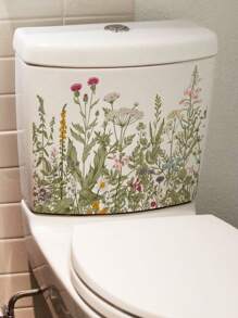1pc Pink Flowers Green Plants And Blue Flowers Butterfly Bathroom Toilet Sticker Self-Adhesive, Removable Vinyl Waterproof Sticker, Bathroom Toilet Decorative Sticker, Toilet Lid Sticker, Bathroom Decoration Removable Sticker, Self-Adhesive Decal, Home Decor, Holiday Decorative Sticker, Birthday Graduation Gift Summer