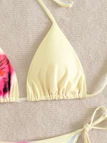 Women Floral Print Tie Front Triangle Top And Side Tie Triangle Bottom Bikini Set, Summer