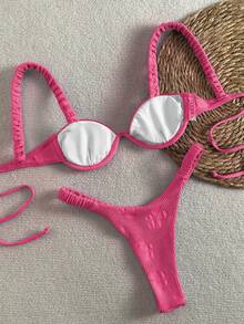 Bikinx Women's Floral Textured Underwire Bikini Pleated Strap Swimsuit Set - Hot Pink - View 2