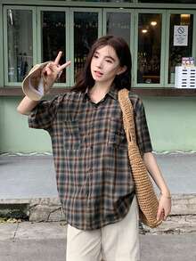 复古格子刺绣短袖Polo领休闲女式衬衫，适合秋夏季穿着 - 藍紫色 - 查看 2