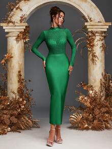 Women's Sexy Mock Neck Rhinestone Bodycon Dress Evening Gown Cocktail Party Prom Dresses Burgundy Long Sleeve Dress For Women, Formal Evening Prom Gown, For Wedding Guest, Graduation, Dinner, Christmas - Dark Green - View 1