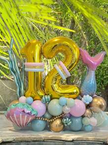 5pcs/Set Mermaid Theme Balloon Set, Including Shell Balloon, Metal & Latex Balloon, Mermaid Tail Shaped Foil Balloon, Latex Balloon Base, 25cm Purple & Green Metal Balloon, Purple/Blue/Green Latex Balloon, For Mermaid Themed Birthday Party Decorations
