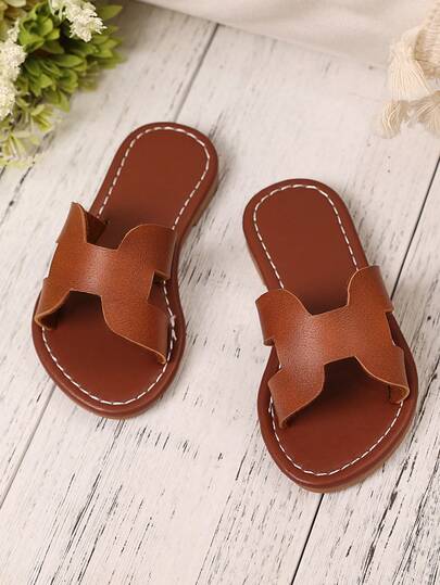 1 双棕色幼儿/小女孩平底凉鞋，舒适柔软 PU 带圆头防滑轻便时尚可爱罗马家居拖鞋，适合男孩和女孩日常休闲装、户外、春夏季
