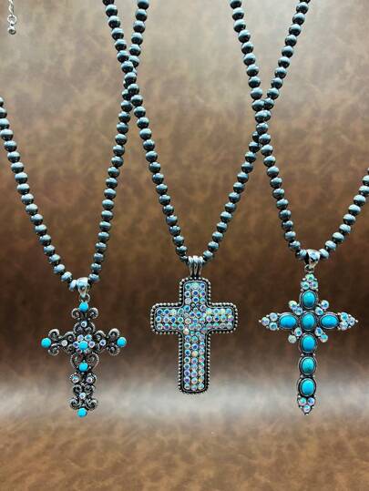 Conjunto de 3 collares con colgante de cruz de aleación de zinc, cadena de perlas CCB y cadena de hierro de estilo vintage occidental, adecuado para mujeres y niñas, atuendos diarios, accesorios de fiesta, regalos de joyería para familiares/amigos/usted mismo