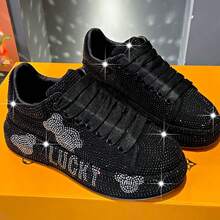 Rhinestone Embellished White Sneakers For Women, Platform Thick Sole Casual Height Increasing Shoes, European Style Spring/Autumn 2025 - Black - View 2
