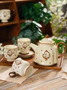 原创赫拉陶瓷兔子茶壶套装，居家客厅下午茶厨具套装，女士下午茶杯碟套装配木托盘，适合招待客人/派对/家庭聚餐，家居装饰返校