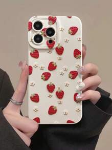 Capa protetora de celular reforçada e anti-queda, com estampa bege de uma menina fofa e morango, adequada para dispositivos 16/13 Pro Max, XR, 15, 7/8, 15 Pro Max, 12 Pro Max, 13 Pro Max, 14 Pro Max, 13, 14, 11, 12, P14, P11, P12, XS, XR, 7/8 Plus, Redmi