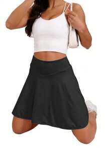 1pc Plus Size Women Sports Skirt, High Waist Exercise, Jogging, Fitness, Golf, Tennis Skirt - Casual, Fashionable, With Pockets, 2 In 1, Split, Yoga Skirt, Spring/Summer