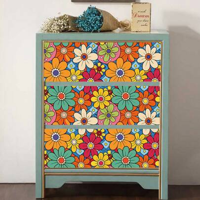 1 卷彩色卡通风格自粘墙纸，可爱向日葵花卉纹理接触纸，防水可移除无粘性墙纸，易于安装和清洁，适用于家庭装饰、厨房、橱柜、餐厅、卧室、客厅、家具翻新