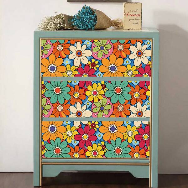 1 卷彩色卡通风格自粘墙纸，可爱向日葵花卉纹理接触纸，防水可移除无粘性墙纸，易于安装和清洁，适用于家庭装饰、厨房、橱柜、餐厅、卧室、客厅、家具翻新