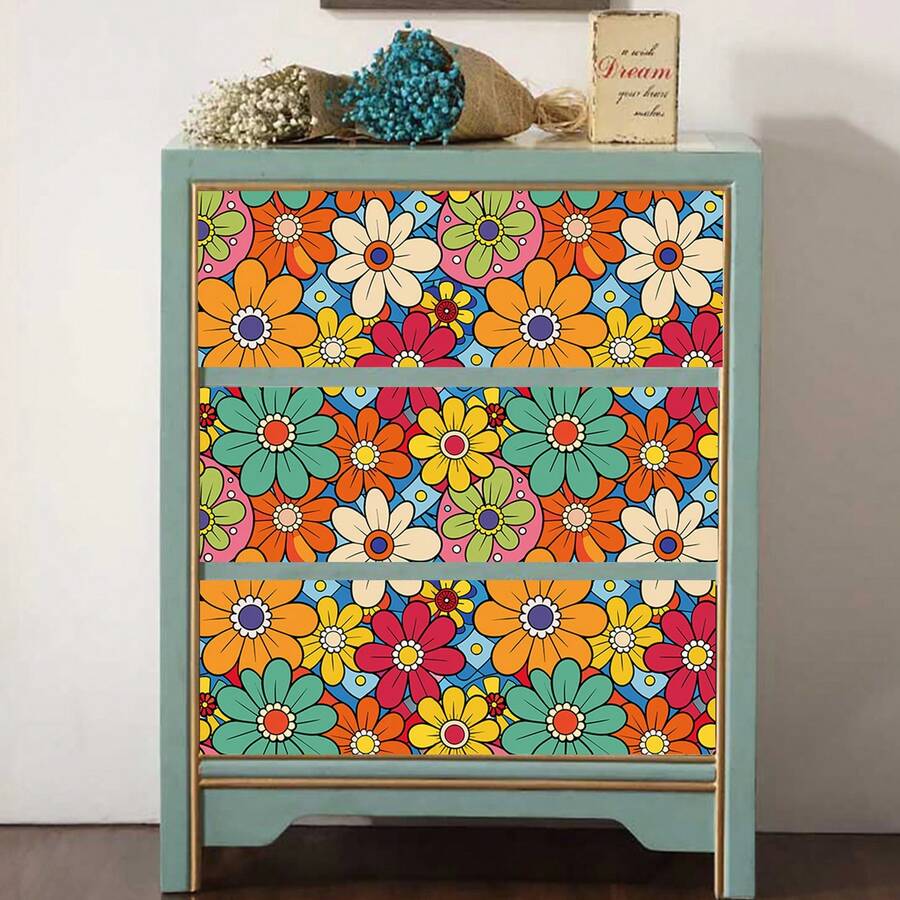 1 卷彩色卡通风格自粘墙纸，可爱向日葵花卉纹理接触纸，防水可移除无粘性墙纸，易于安装和清洁，适用于家庭装饰、厨房、橱柜、餐厅、卧室、客厅、家具翻新 - 彩色 - 查看 1