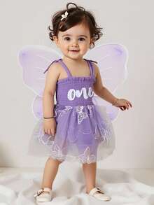 Fairy 1st Birthday Girl Outfit Tie-Up Tull Romper Dress With Butterfly Wings Cake Smash Photo Shoot Clothes - Màu tím - Xem 3