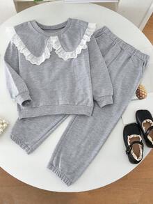 2pcs/set Young Girls' Casual Sport Solid Color Lace Splice Turn-down Collar Sweatshirt And Long Pants Outfits, Spring And Autumn