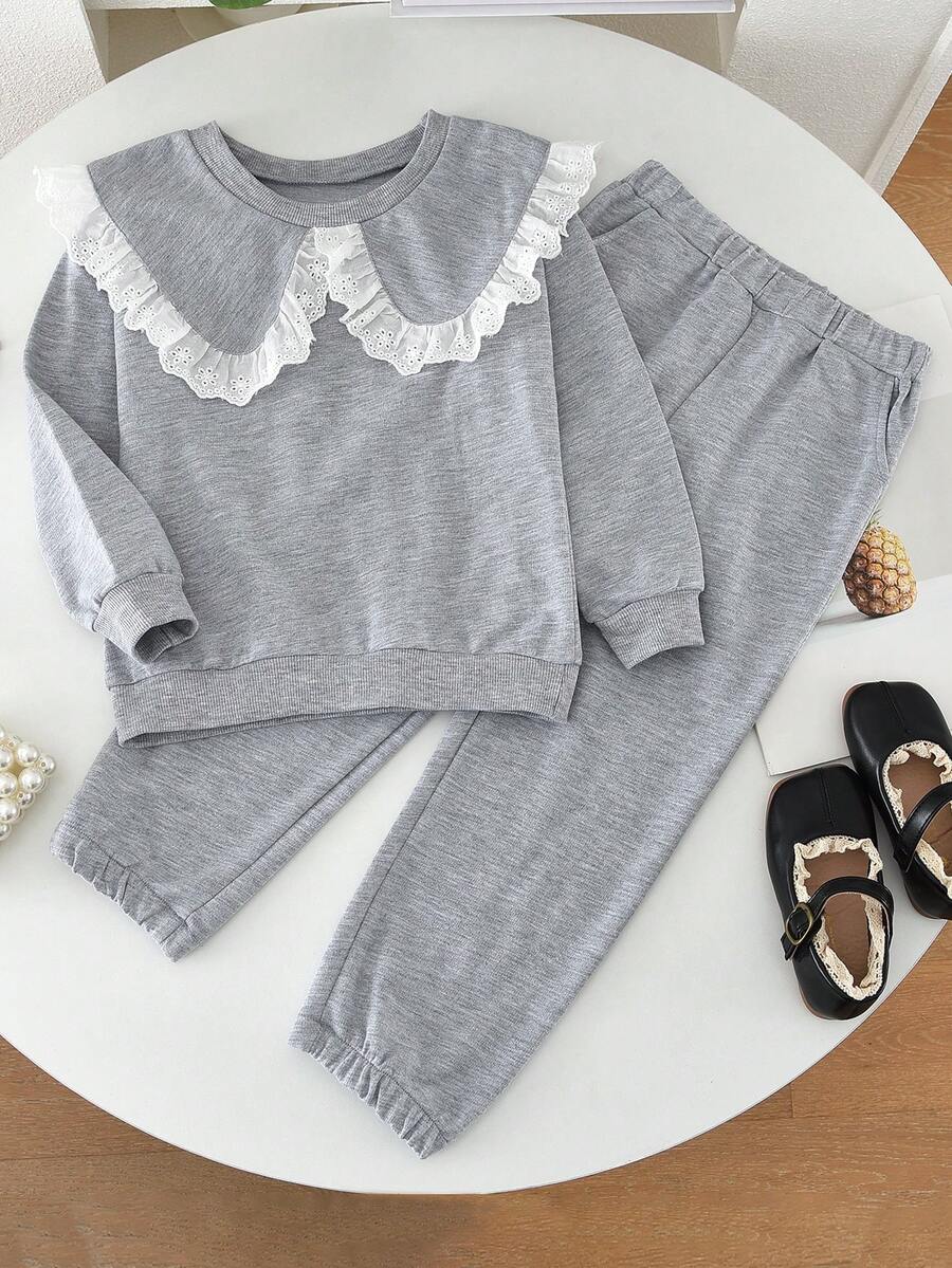 2pcs/set Young Girls' Casual Sport Solid Color Lace Splice Turn-down Collar Sweatshirt And Long Pants Outfits, Spring And Autumn